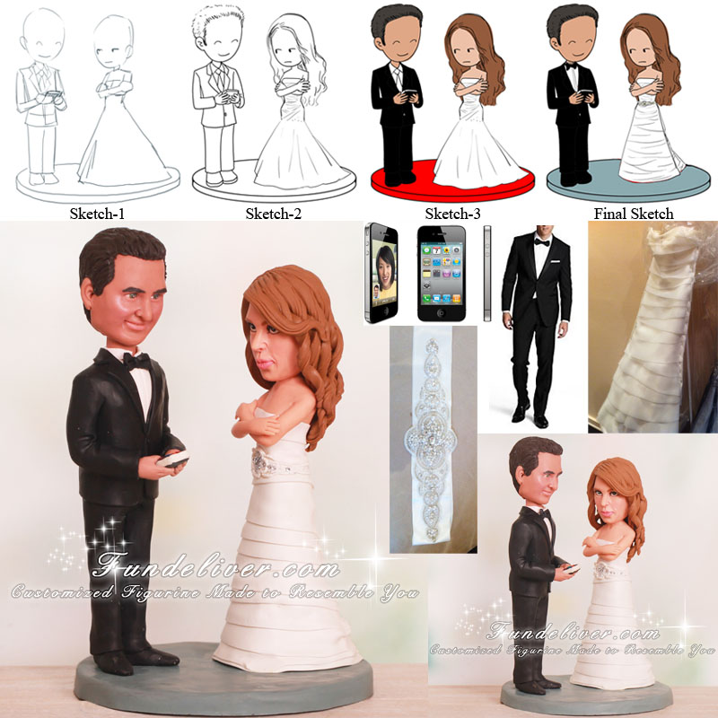 Texting Groom and Annoyed Bride Wedding Cake Toppers
